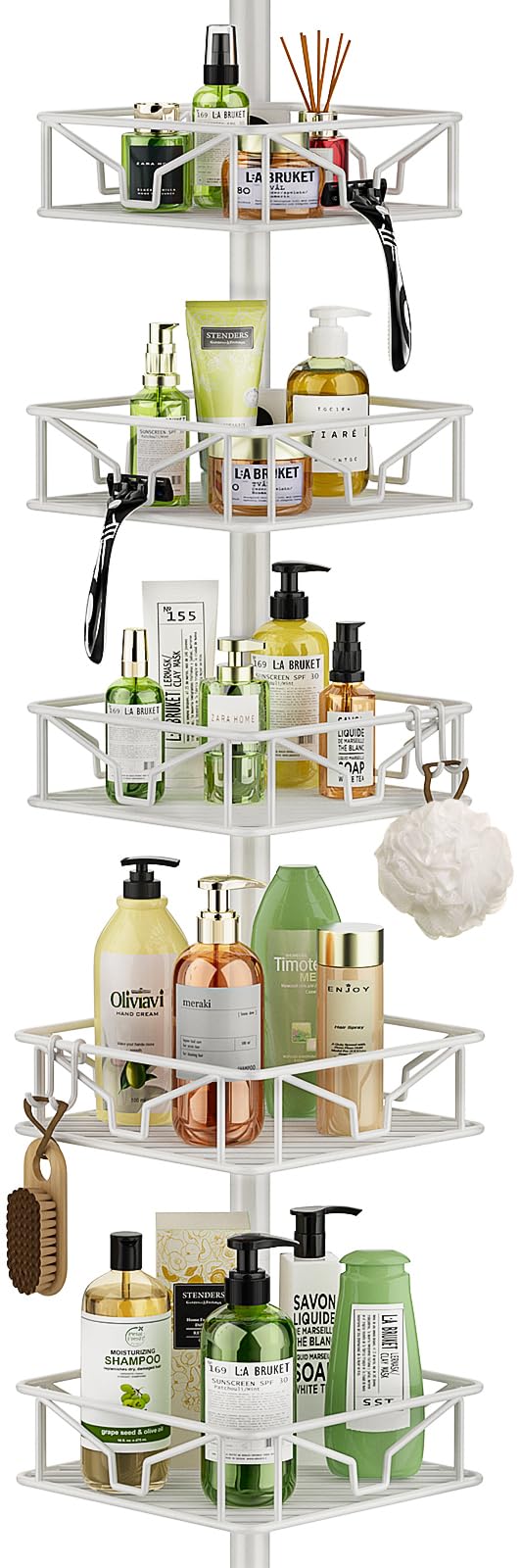 Corner Shower Caddy Tension Pole 5 Tier Adjustable Rustproof Bathroom Shower Organizer Hooks Storage Rack