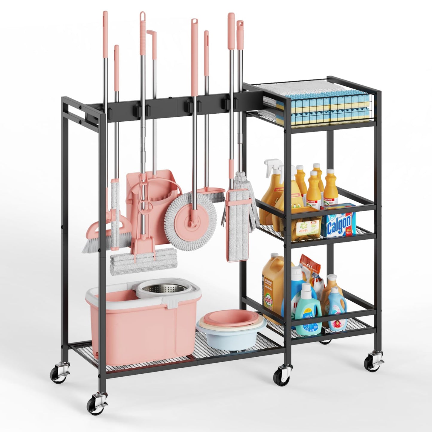 Broom and Mop Holder Closet Storage Cabinet Cleaning Supplies Organizer Mop Rack Storage System