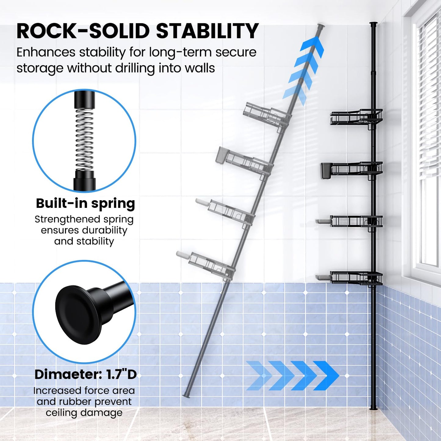 Corner Shower Caddy Tension Pole 4 Tier Rustproof Bathroom Organizer Adjustable Shampoo Shelf Rack