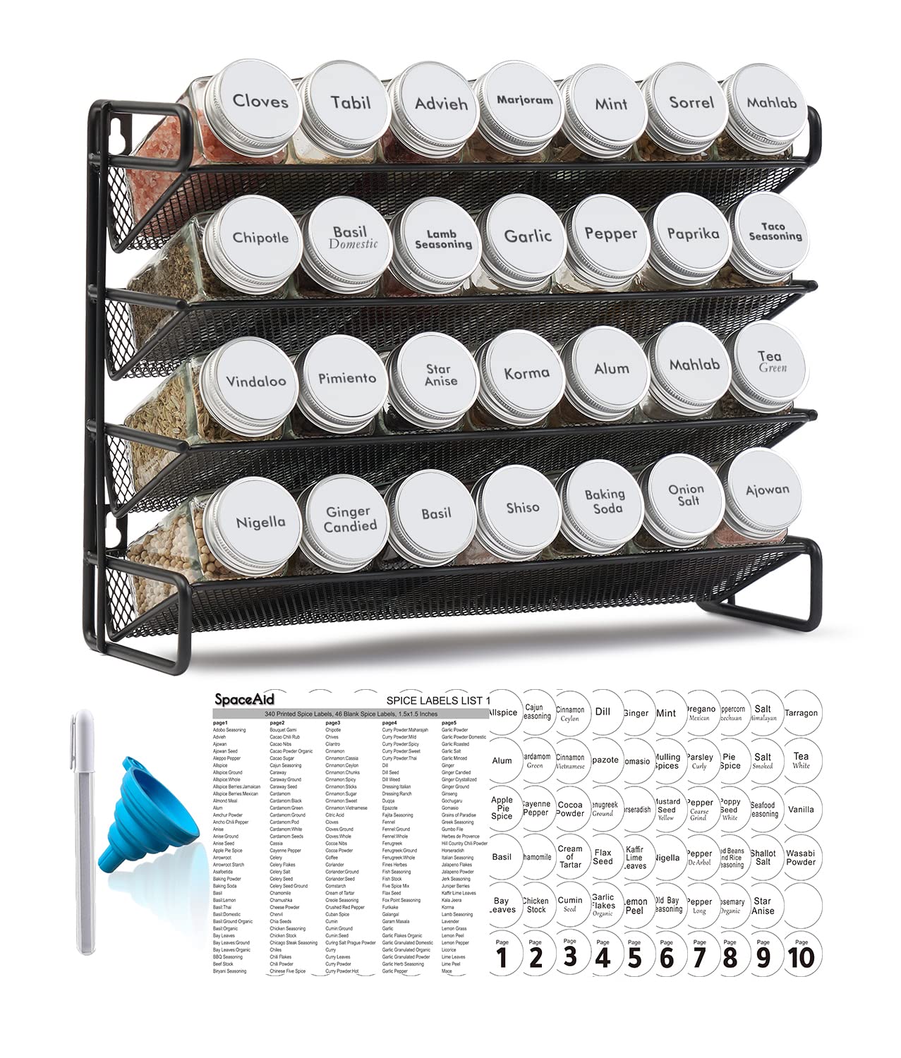 Spice Rack Organizer with Jars Labels Marker Funnel Cabinet Pantry Wall Mount Storage Set