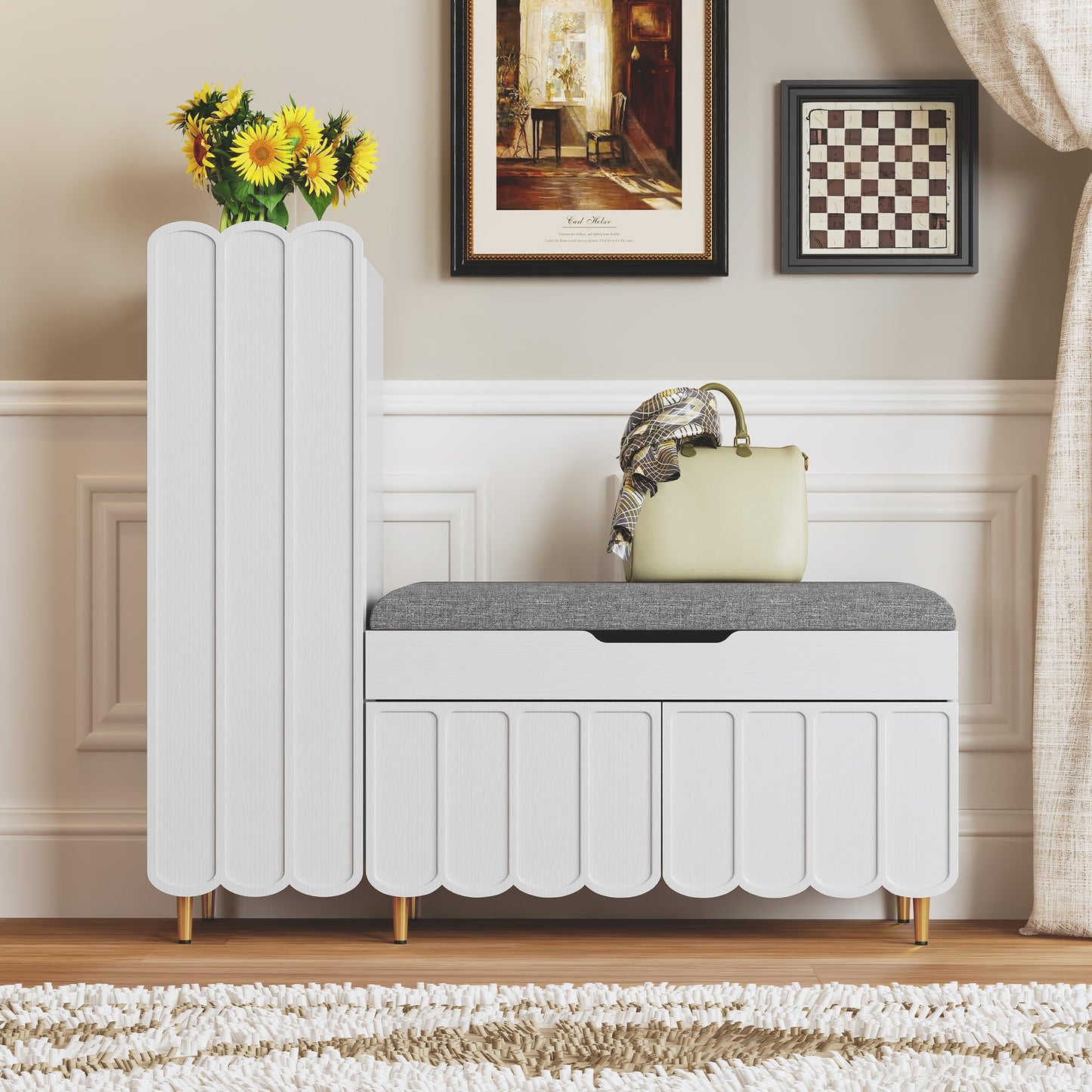 Shoe Cabinet Bench Entryway Storage Adjustable Shelves Cushioned Seat L Shaped Hallway Organizer