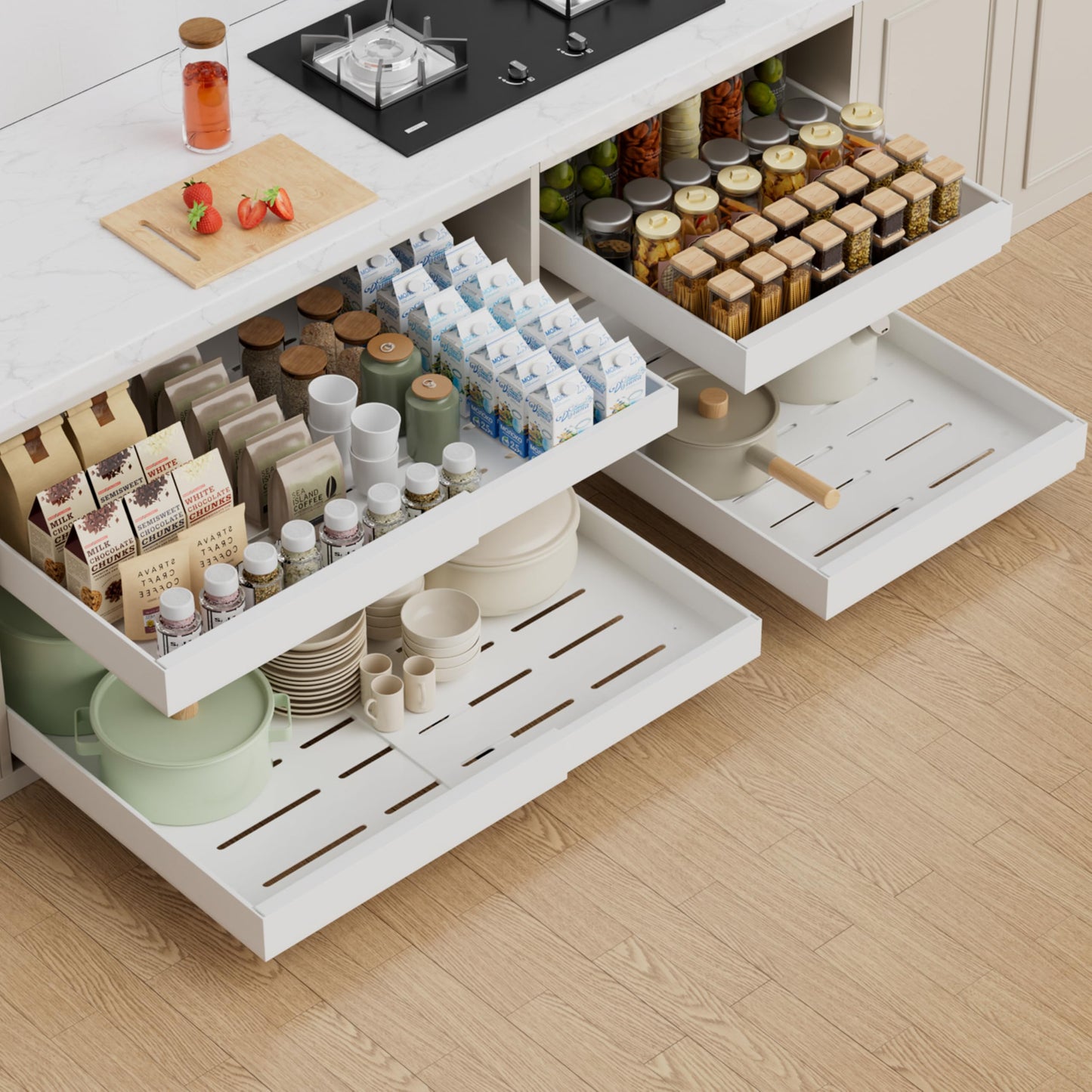 Pull Out Cabinet Organizer Expandable Sliding Drawer Kitchen Cabinet Storage Rack Adhesive Nano Film System