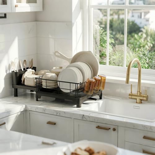 Dish Drying Rack Expandable Kitchen Counter Sink Drainer Pan Slots Utensil Holder Drainboard Black