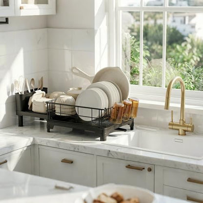 Dish Drying Rack Expandable Kitchen Counter Sink Drainer Pan Slots Utensil Holder Drainboard Black