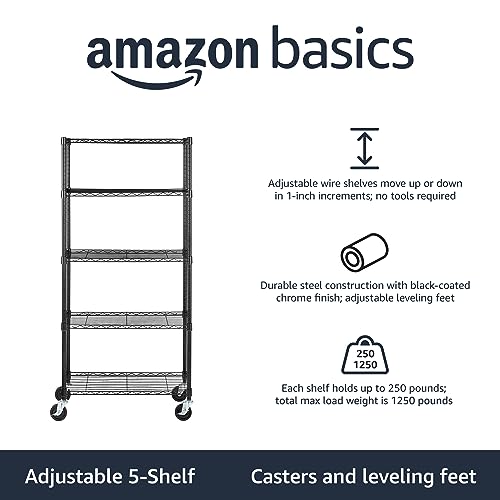 Heavy Duty Garage Shelving Rack with Wheels Metal Wire Storage Shelf Adjustable Stackable Organizer Black