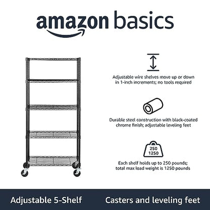 Heavy Duty Garage Shelving Rack with Wheels Metal Wire Storage Shelf Adjustable Stackable Organizer Black