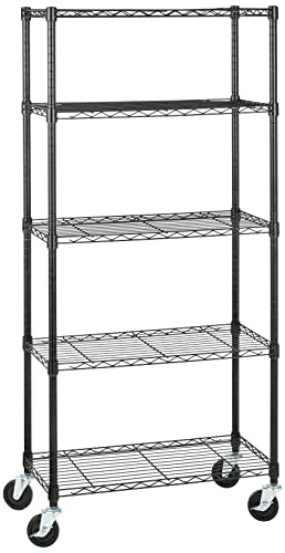 Heavy Duty Garage Shelving Rack with Wheels Metal Wire Storage Shelf Adjustable Stackable Organizer Black