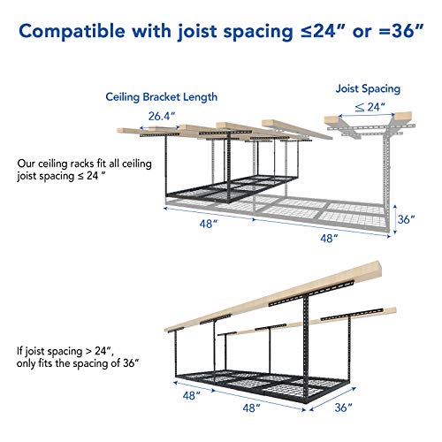 Overhead Garage Storage Rack 4x8 Adjustable Heavy Duty Ceiling Mounted Storage System 750 lbs Capacity Metal Garage Organizer Rack