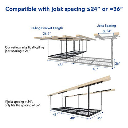 Overhead Garage Storage Rack 4x8 Adjustable Heavy Duty Ceiling Mounted Storage System 750 lbs Capacity Metal Garage Organizer Rack