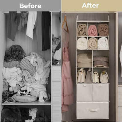 Hanging Closet Organizer 6 Shelf Storage Organizer with Drawers Side Pockets Closet Storage System