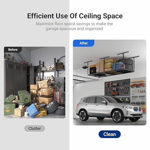 Overhead Garage Storage Rack 4x8 Adjustable Heavy Duty Ceiling Mounted Storage System 750 lbs Capacity Metal Garage Organizer Rack
