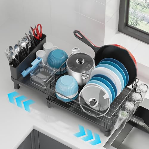 Dish Drying Rack Expandable Kitchen Counter Sink Drainer Pan Slots Utensil Holder Drainboard Black