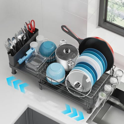 Dish Drying Rack Expandable Kitchen Counter Sink Drainer Pan Slots Utensil Holder Drainboard Black