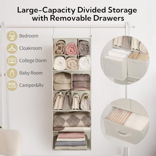 Hanging Closet Organizer 6 Shelf Storage Organizer with Drawers Side Pockets Closet Storage System