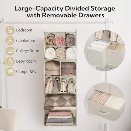 Hanging Closet Organizer 6 Shelf Storage Organizer with Drawers Side Pockets Closet Storage System