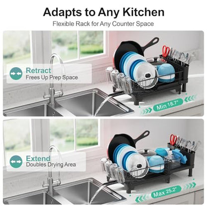 Dish Drying Rack Expandable Kitchen Counter Sink Drainer Pan Slots Utensil Holder Drainboard Black