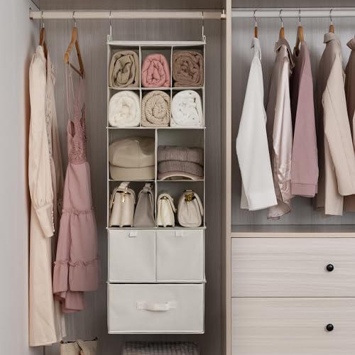 Hanging Closet Organizer 6 Shelf Storage Organizer with Drawers Side Pockets Closet Storage System