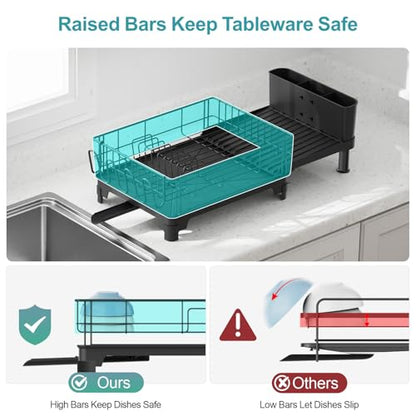 Dish Drying Rack Expandable Kitchen Counter Sink Drainer Pan Slots Utensil Holder Drainboard Black