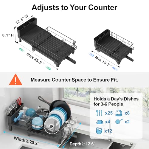 Dish Drying Rack Expandable Kitchen Counter Sink Drainer Pan Slots Utensil Holder Drainboard Black
