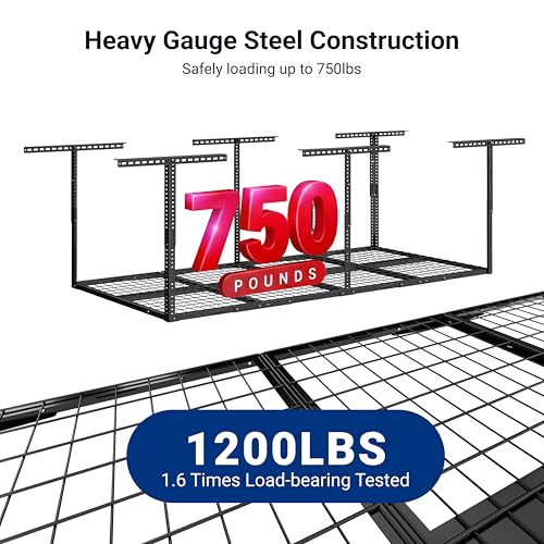 Overhead Garage Storage Rack 4x8 Adjustable Heavy Duty Ceiling Mounted Storage System 750 lbs Capacity Metal Garage Organizer Rack