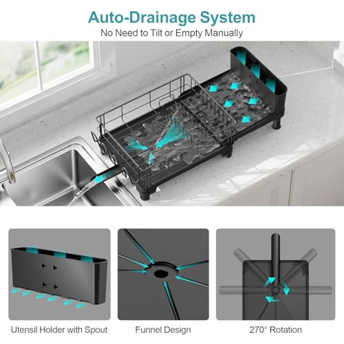 Dish Drying Rack Expandable Kitchen Counter Sink Drainer Pan Slots Utensil Holder Drainboard Black