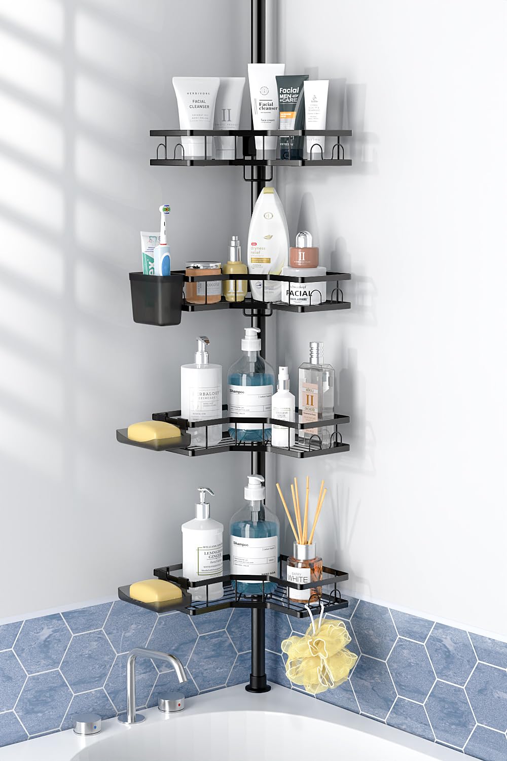 Corner Shower Caddy Tension Pole 4 Tier Rustproof Bathroom Organizer Adjustable Shampoo Shelf Rack