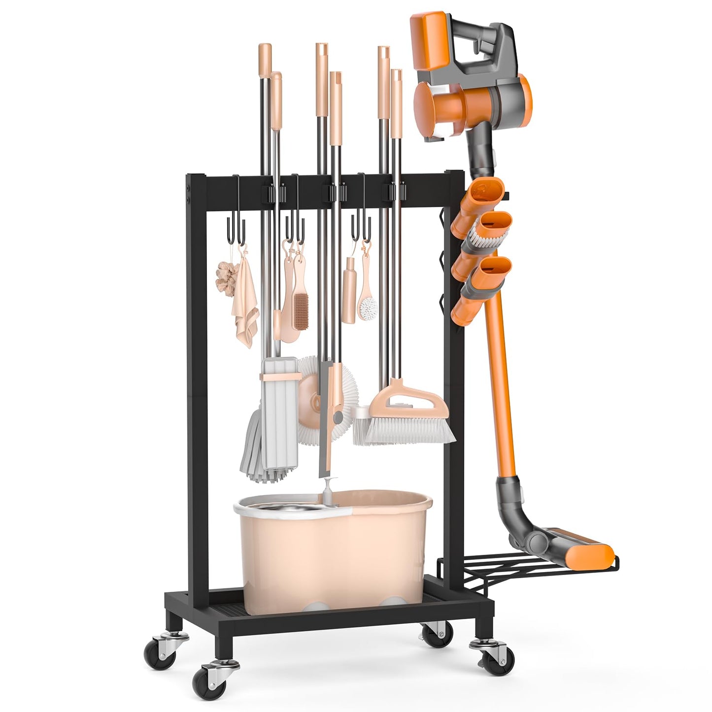 FLOUREE Broom Holder with Cleaning Supplies Organizer & Large Capacity