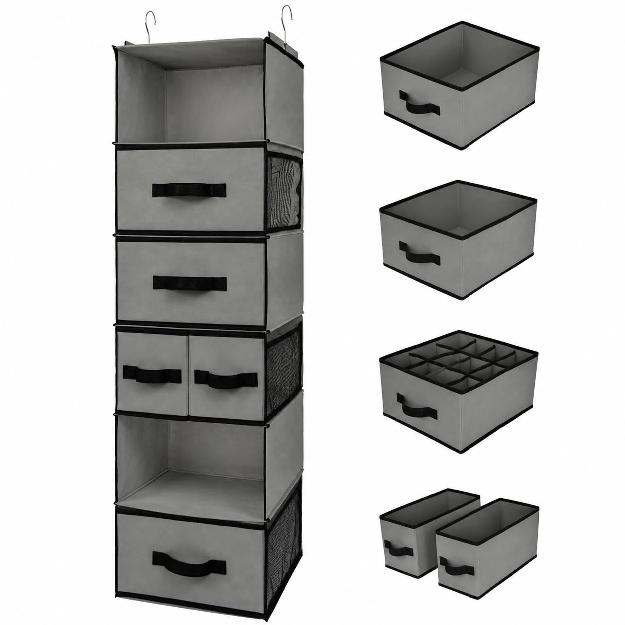Hanging Closet Organizer 6 Shelf Storage Organizer with Drawers Side Pockets Closet Storage System