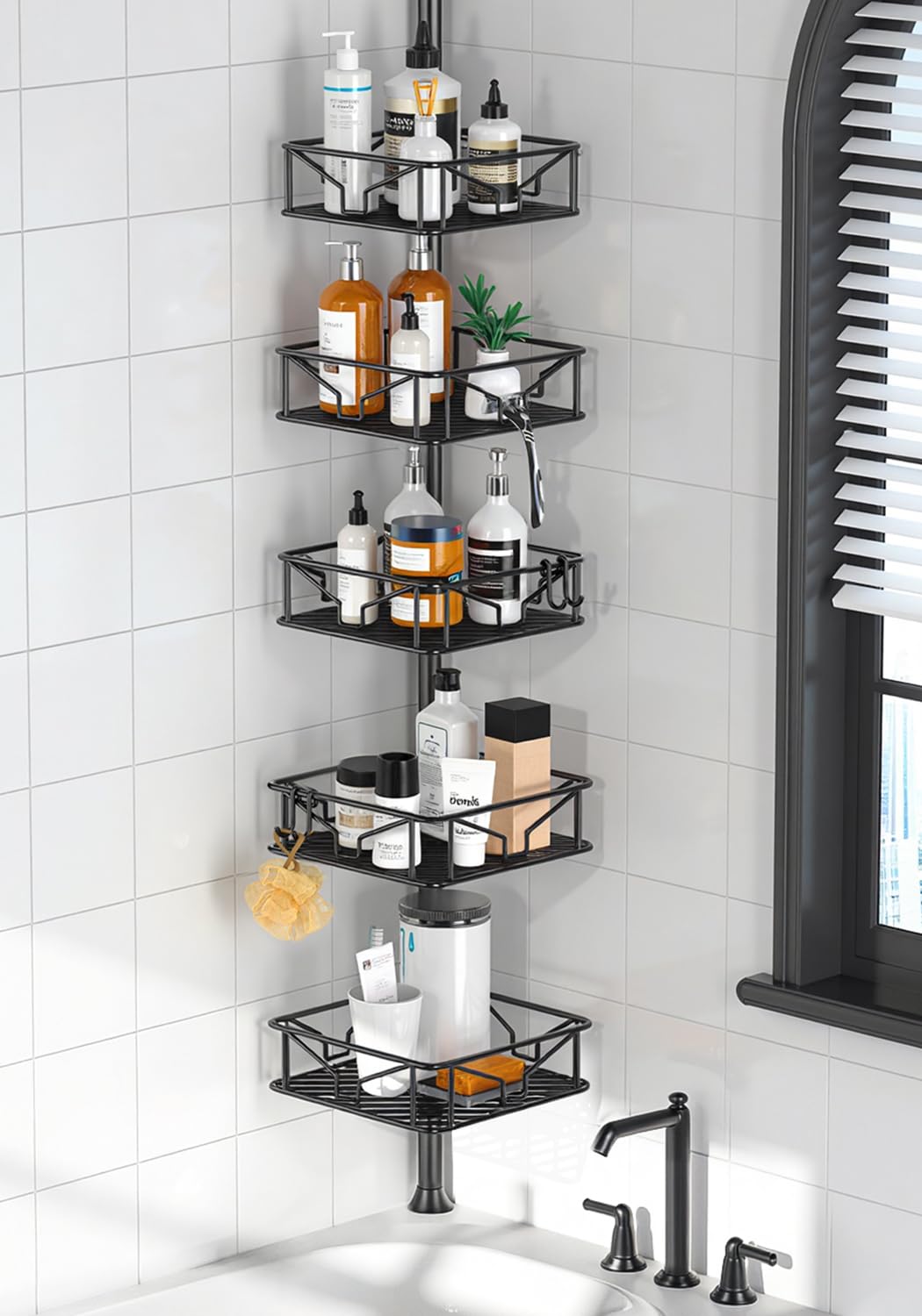 Corner Shower Caddy Tension Pole 5 Tier Adjustable Rustproof Bathroom Shower Organizer Hooks Storage Rack