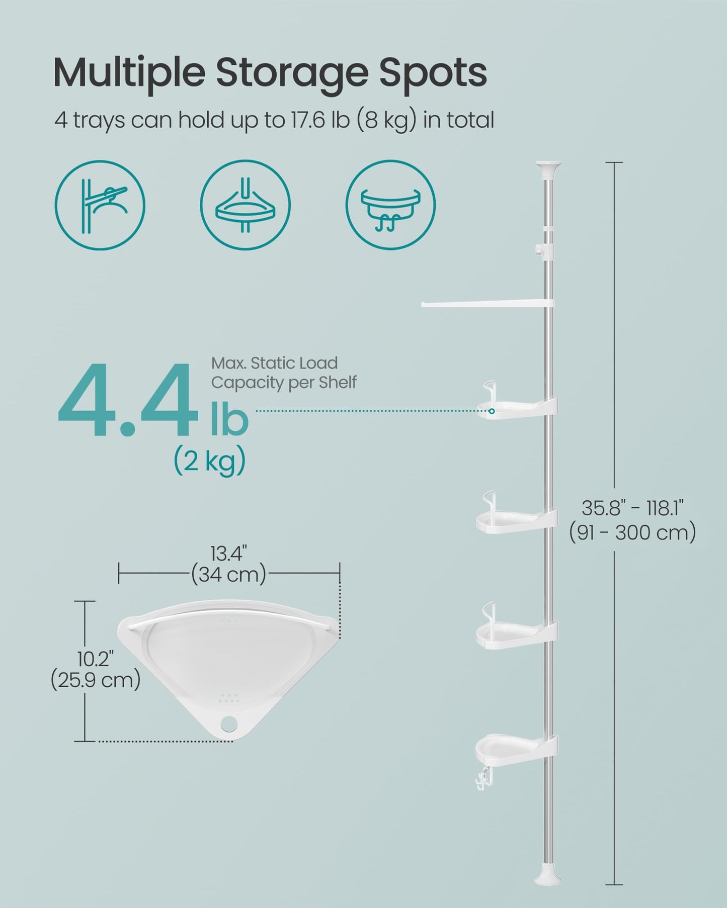 Corner Shower Caddy Tension Pole 4 Tier Rust Resistant Bathroom Shower Shelf Adjustable Organizer Drill Free Storage Rack