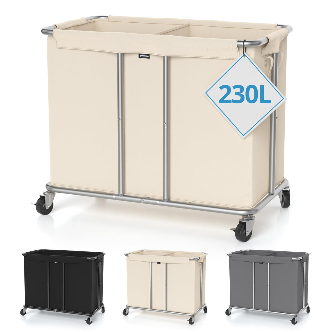 Rolling Laundry Hamper 2 Section Laundry Basket with Wheels Clothes Sorter Metal Frame Removable Liner Laundry Organizer Beige