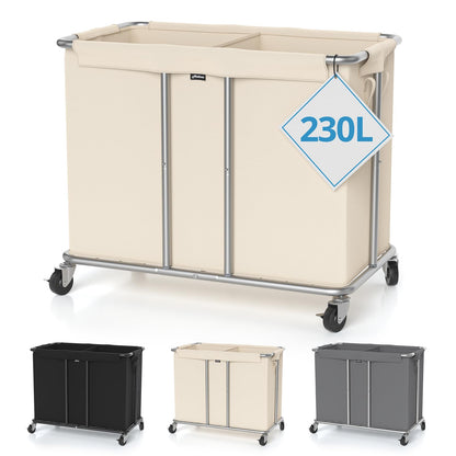 Rolling Laundry Hamper 2 Section Laundry Basket with Wheels Clothes Sorter Metal Frame Removable Liner Laundry Organizer Beige