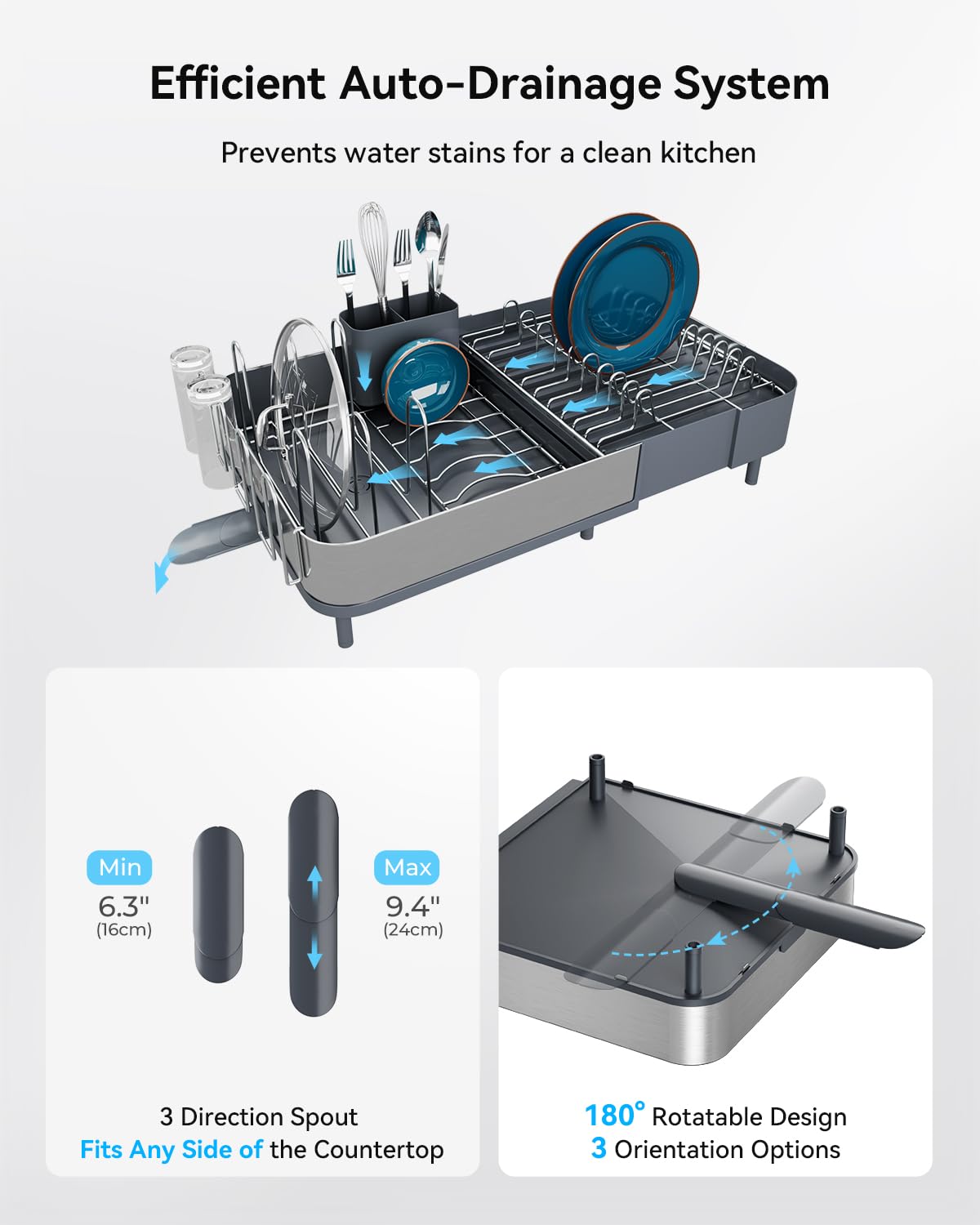 Expandable Dish Drying Rack Kitchen Counter Dish Drainer Stainless Steel Extendable Spout Space Saving Dish Rack