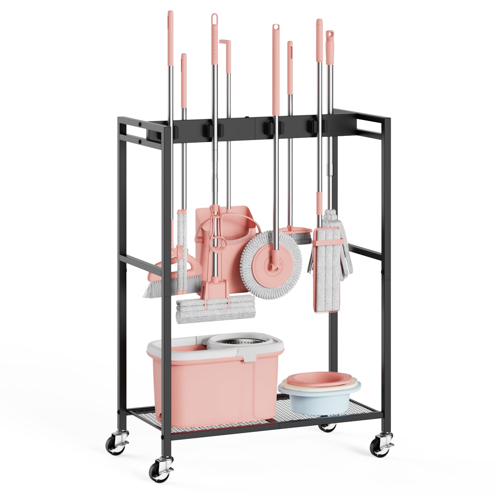 Broom and Mop Holder Closet Storage Cabinet Cleaning Supplies Organizer Mop Rack Storage System