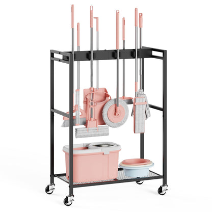 Broom and Mop Holder Closet Storage Cabinet Cleaning Supplies Organizer Mop Rack Storage System