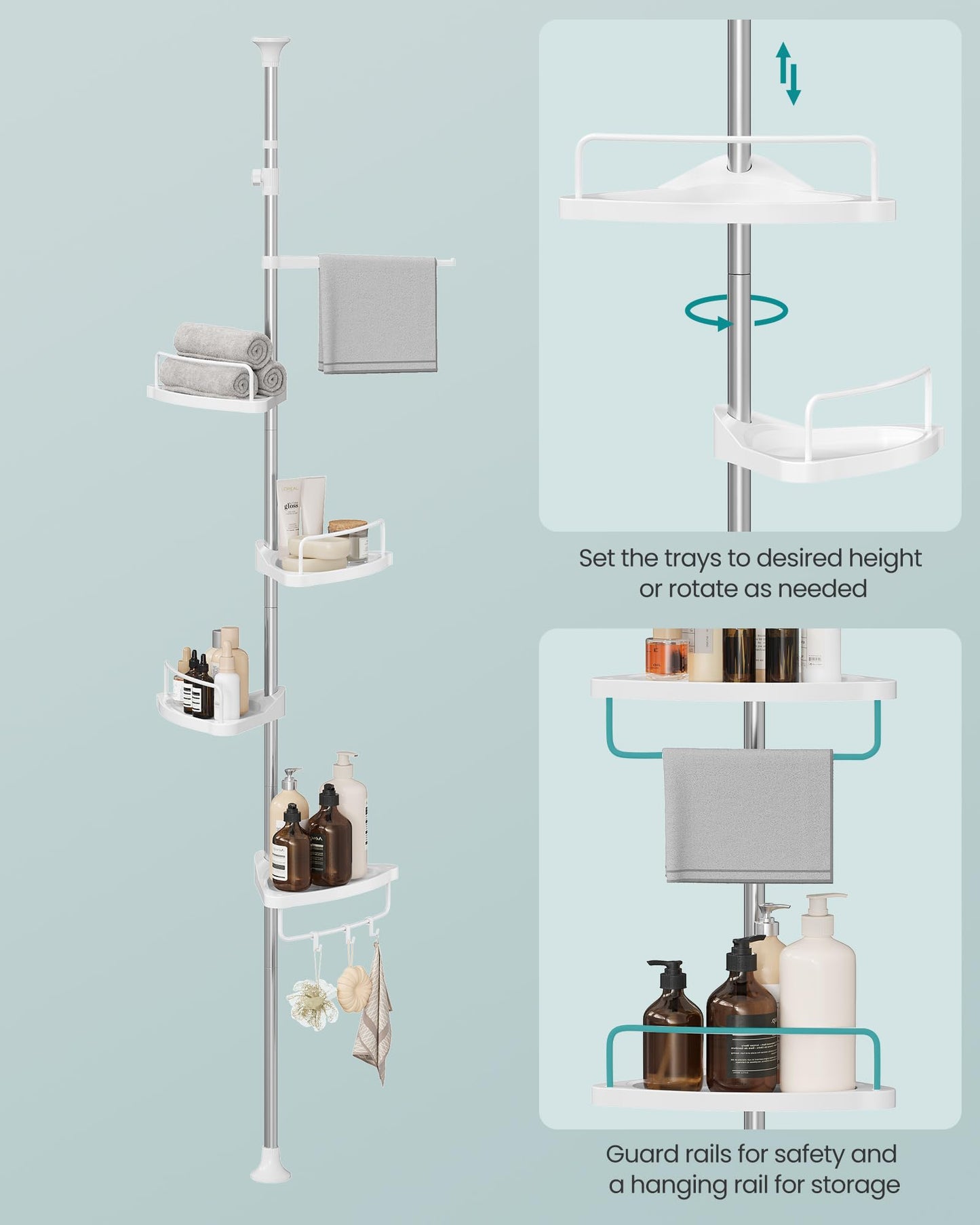 Corner Shower Caddy Tension Pole 4 Tier Rust Resistant Bathroom Shower Shelf Adjustable Organizer Drill Free Storage Rack