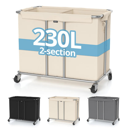 Rolling Laundry Hamper 2 Section Laundry Basket with Wheels Clothes Sorter Metal Frame Removable Liner Laundry Organizer Beige