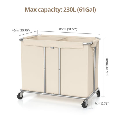 Rolling Laundry Hamper 2 Section Laundry Basket with Wheels Clothes Sorter Metal Frame Removable Liner Laundry Organizer Beige