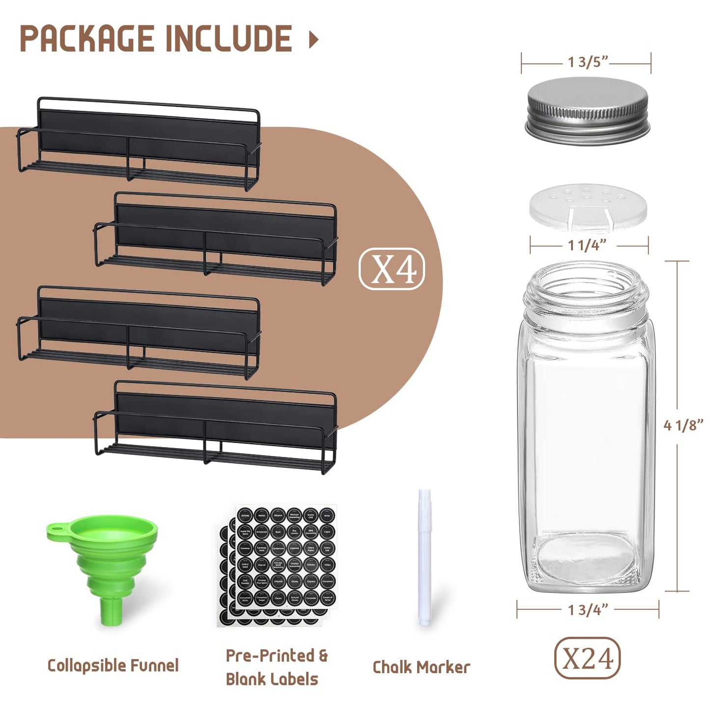 VITEVER Magnetic Spice Rack 4 Pack Glass Jars Label Set Organizer Refrigerator Storage