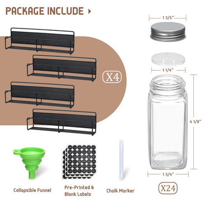 VITEVER Magnetic Spice Rack 4 Pack Glass Jars Label Set Organizer Refrigerator Storage