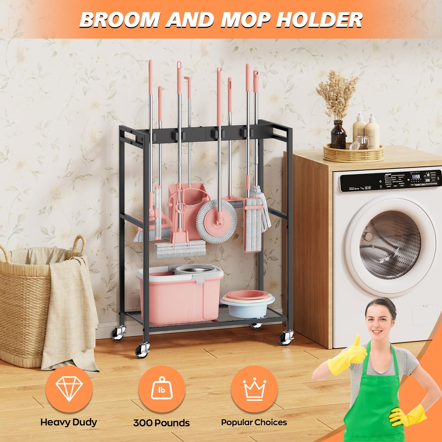 Broom and Mop Holder Closet Storage Cabinet Cleaning Supplies Organizer Mop Rack Storage System