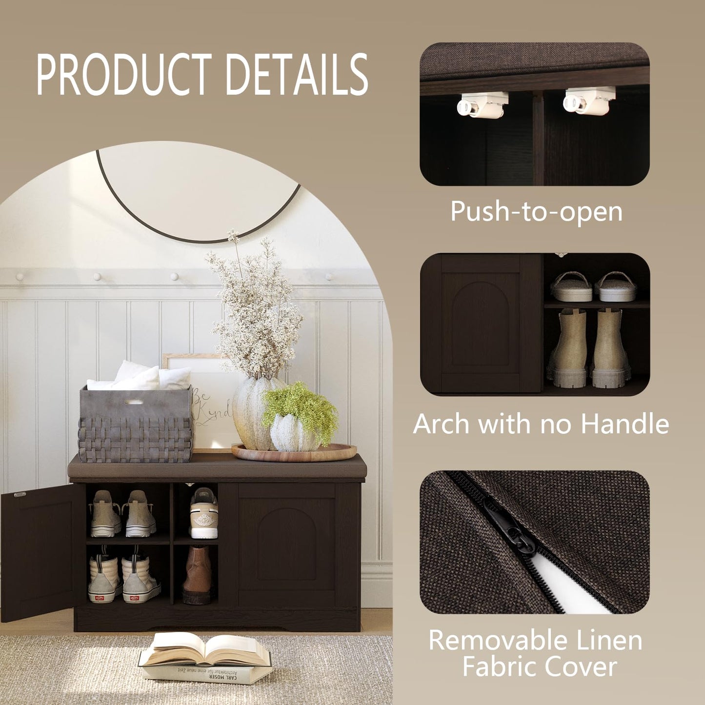 DINZI LVJ Shoe Bench, Entryway Storage Bench with Doors and Cushion,Parent