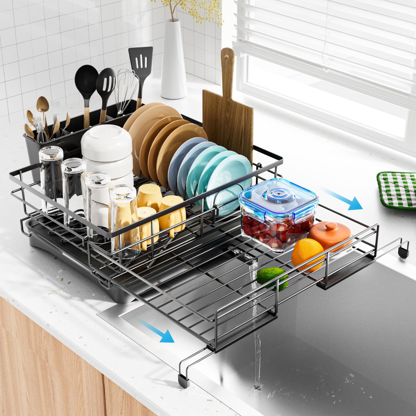 Dish Drying Rack Expandable Kitchen Counter Rust Proof Utensil Holder Drain Rack