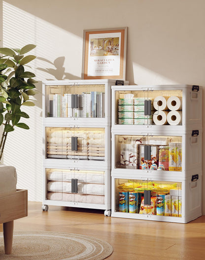 Folding Storage Bins with Doors and Wheels Collapsible Plastic Closet Storage Organizer Stackable Storage Boxes