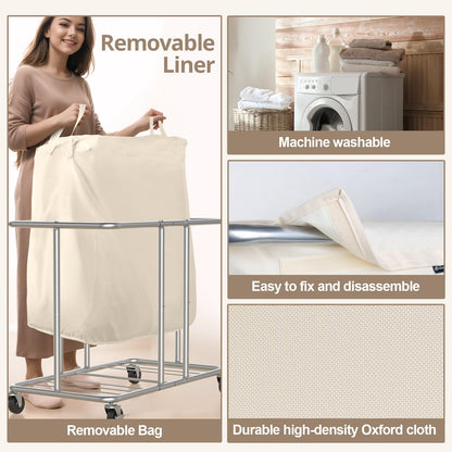 Rolling Laundry Hamper 2 Section Laundry Basket with Wheels Clothes Sorter Metal Frame Removable Liner Laundry Organizer Beige