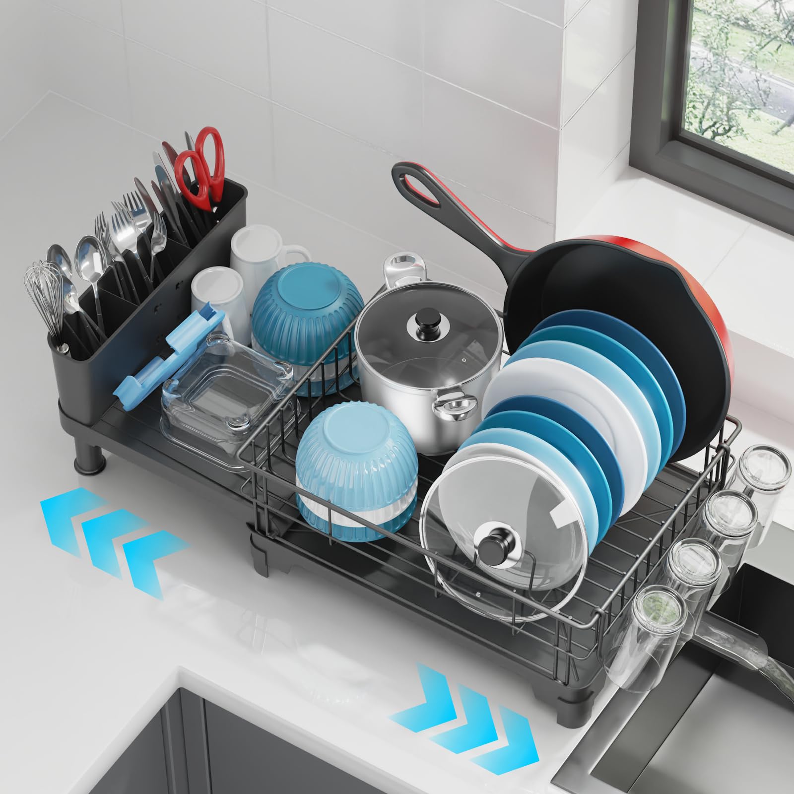 Dish Drying Rack Expandable Kitchen Counter Sink Drainer Pan Slots Utensil Holder Drainboard Black
