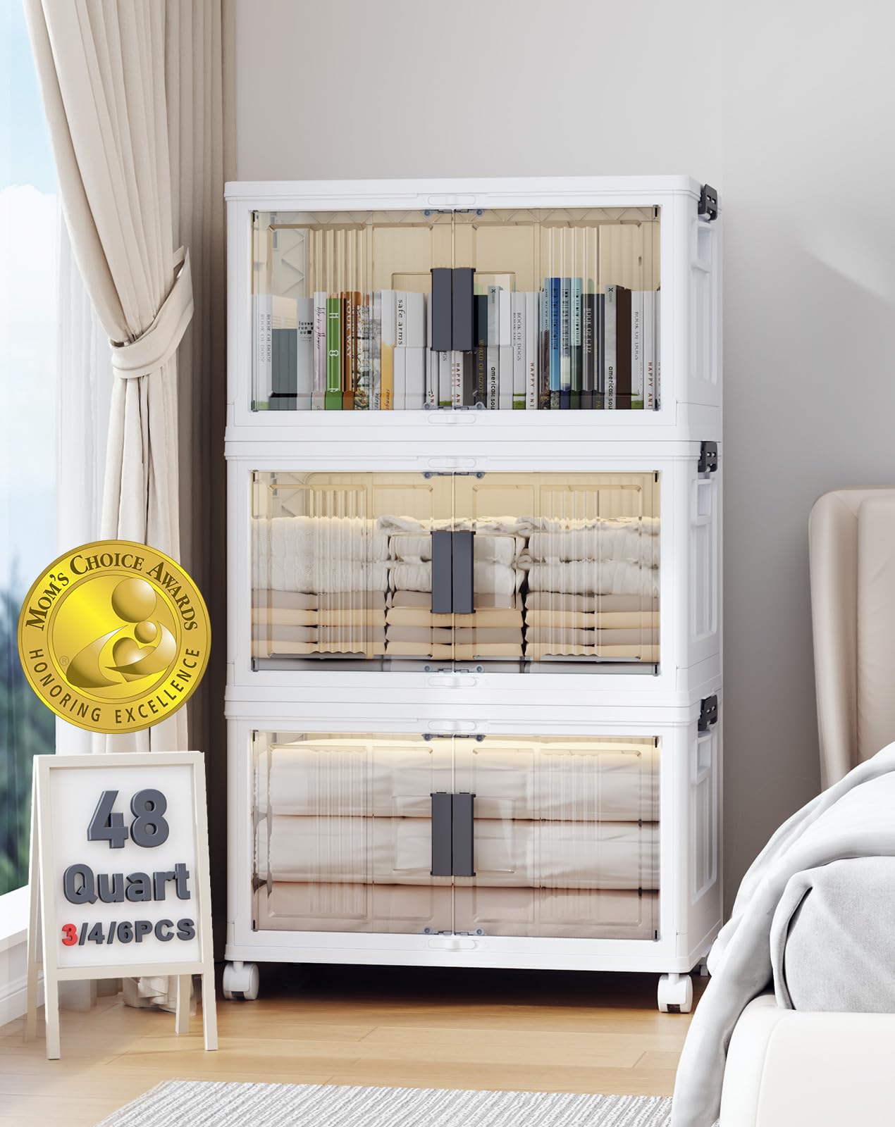 Folding Storage Bins with Doors and Wheels Collapsible Plastic Closet Storage Organizer Stackable Storage Boxes
