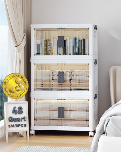 Folding Storage Bins with Doors and Wheels Collapsible Plastic Closet Storage Organizer Stackable Storage Boxes