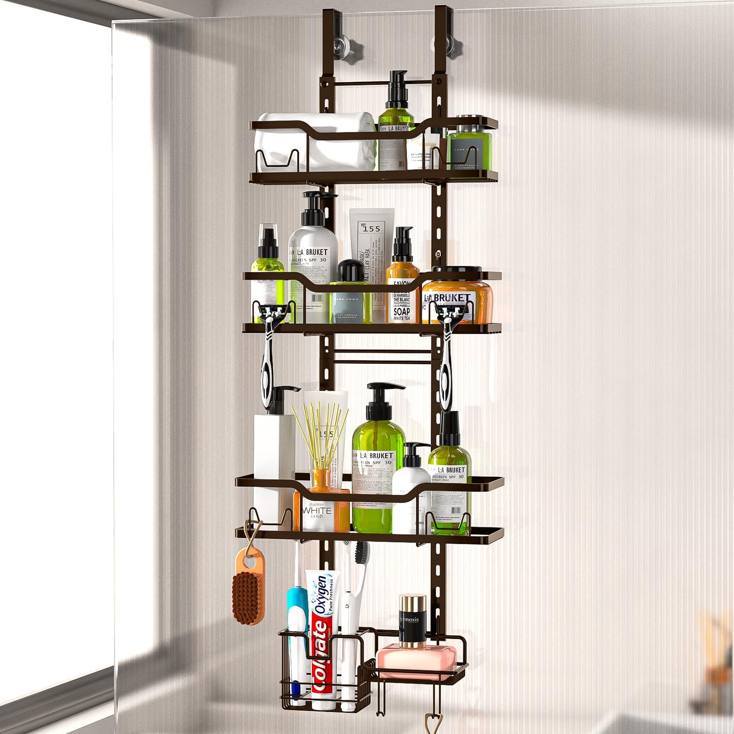 Corner Shower Caddy Tension Pole 5 Tier Adjustable Rustproof Bathroom Shower Organizer Hooks Storage Rack