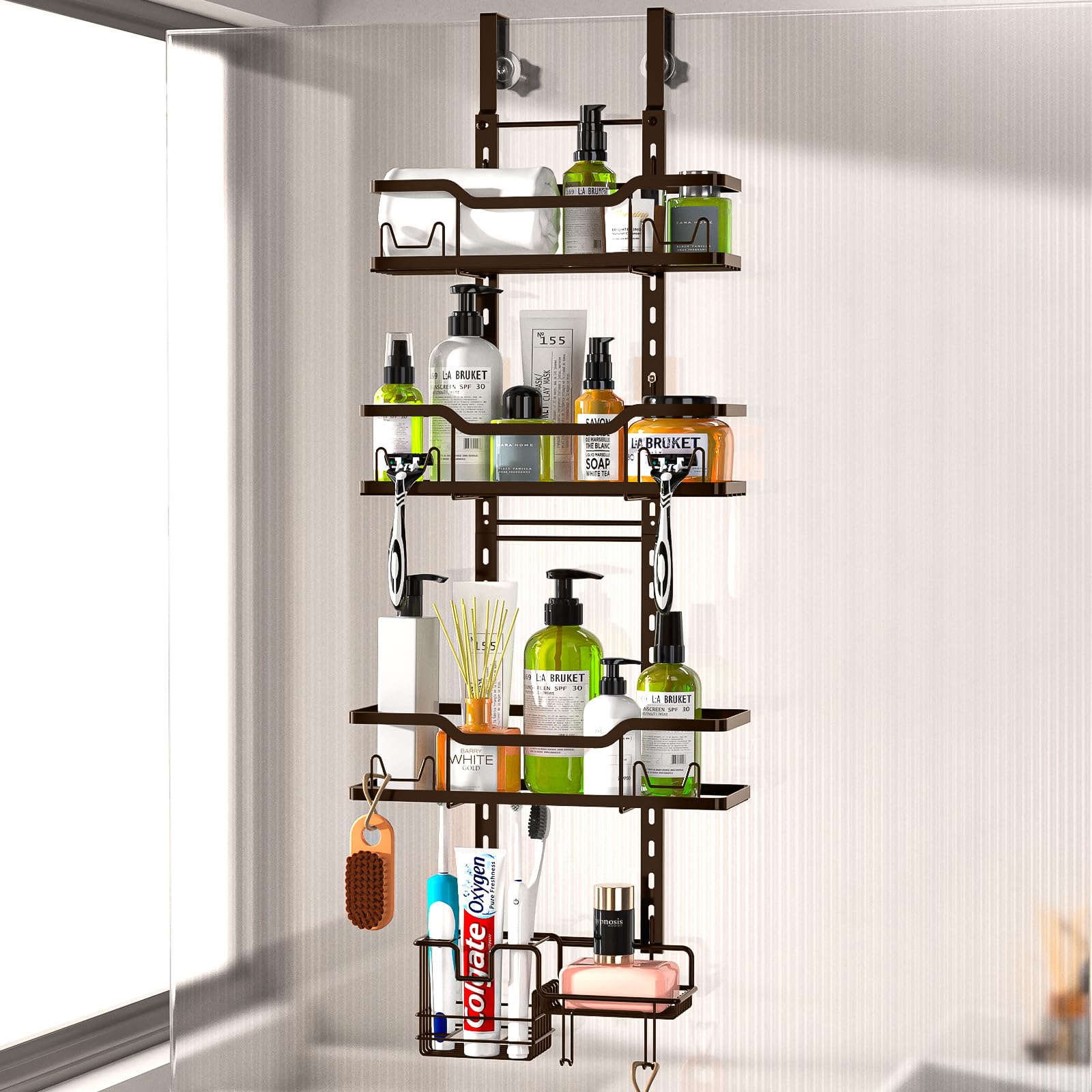 Corner Shower Caddy Tension Pole 5 Tier Adjustable Rustproof Bathroom Shower Organizer Hooks Storage Rack